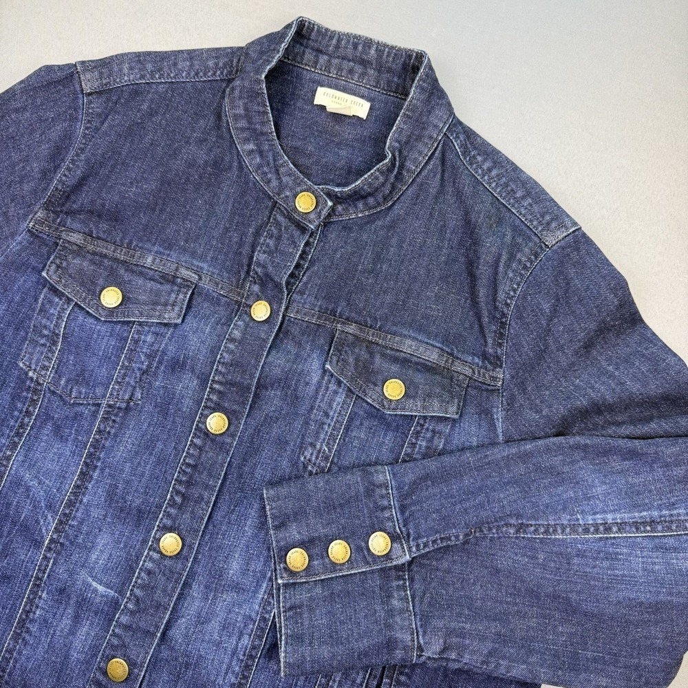Coldwater Creek Dark Blue Denim Jacket Sz 24 Mandarin Collar Brass Buttons